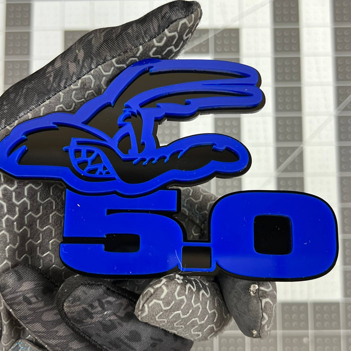 5.0 COYOTE 3D Emblems – Blue on Black Angry Racing Fender Badges (Set of 2)
