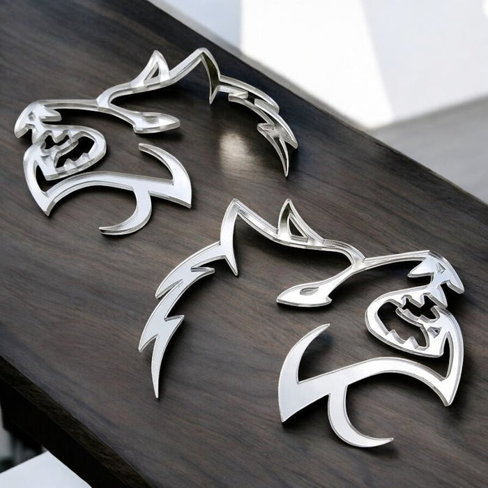 Wolf Mirror Badges Emblem Car/Truck, (2) BADGES, Fender Angry Agressive Raging