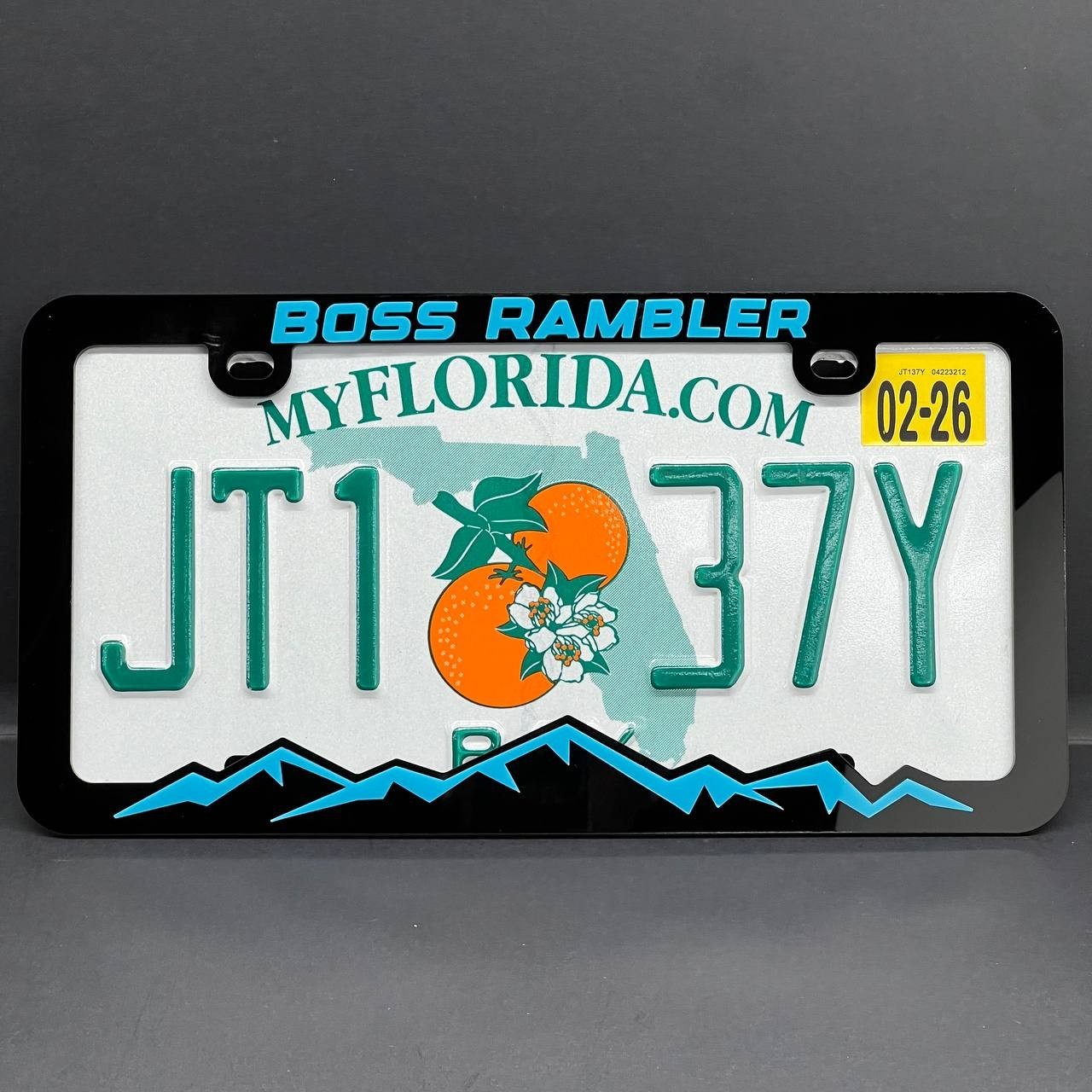 An acrylic license plate frame fitted around a license plate
