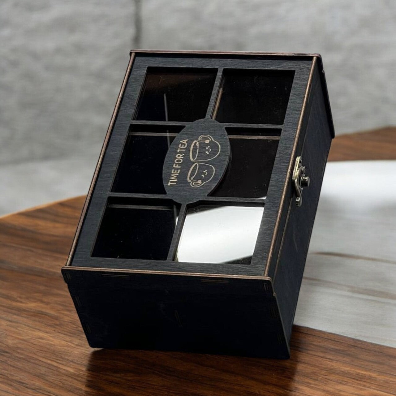 Wooden Tea Box Storage Oranizer Tea Bag Holder with 6 Compartments and Clear Lid