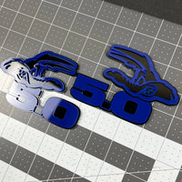 5.0 COYOTE 3D Emblems – Blue on Black Angry Racing Fender Badges (Set of 2)