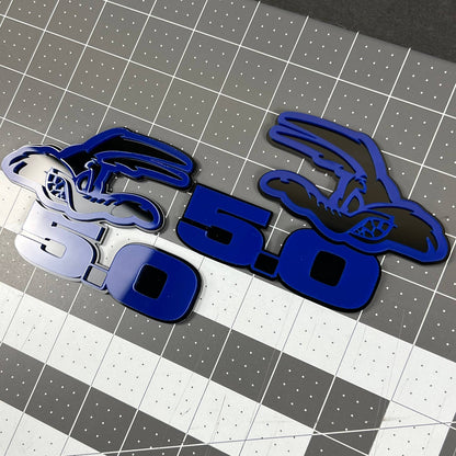 5.0 COYOTE 3D Emblems – Blue on Black Angry Racing Fender Badges (Set of 2)