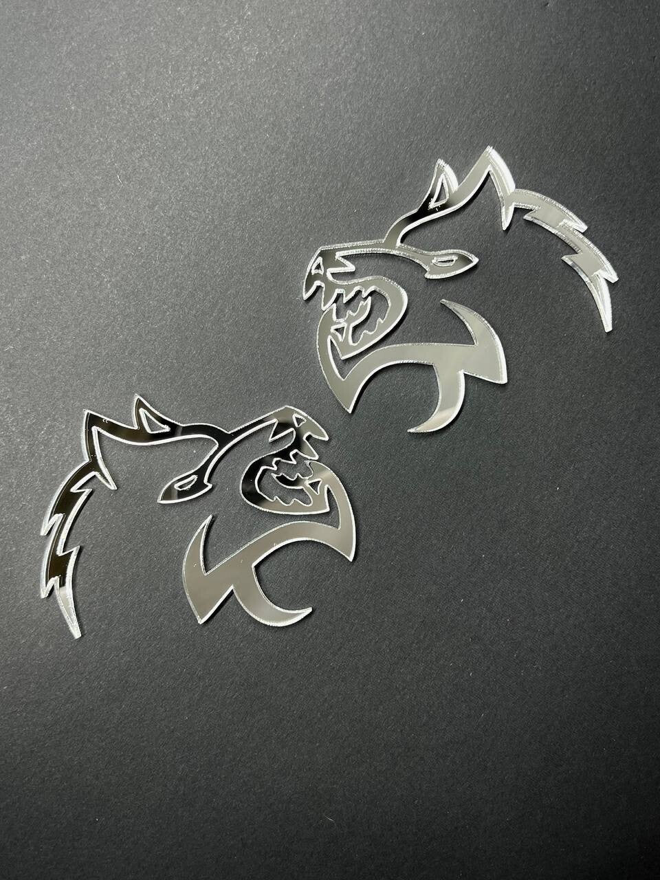 Mirror Wolf Badges Emblem Car/Truck, (2) BADGES, Fender Angry Agressive Raging