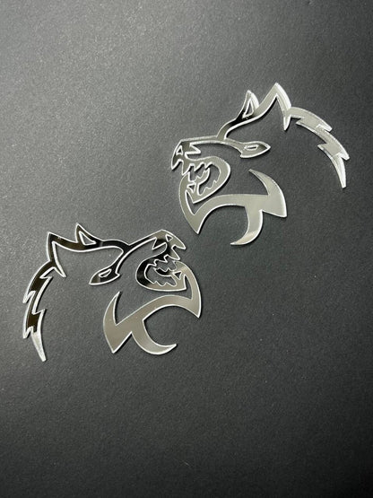 Mirror Wolf Badges Emblem Car/Truck, (2) BADGES, Fender Angry Agressive Raging