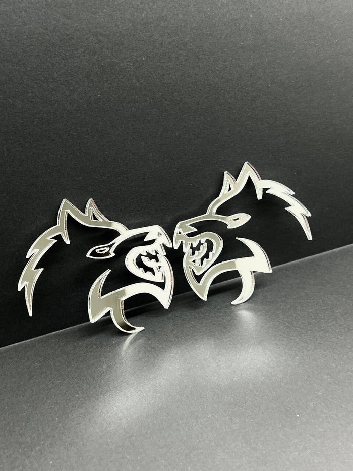 Mirror Wolf Badges Emblem Car/Truck, (2) BADGES, Fender Angry Agressive Raging