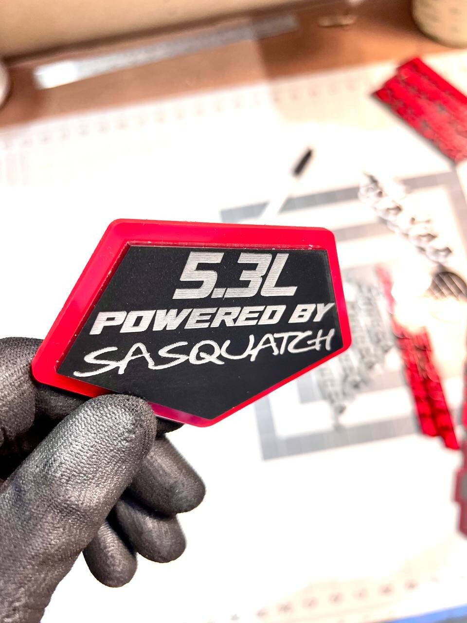 5.3L POWERED BY SASQUATCH EMBLEM QTY 1 ENGINE BADGE 3D ACRYLIC STICKER DECAL