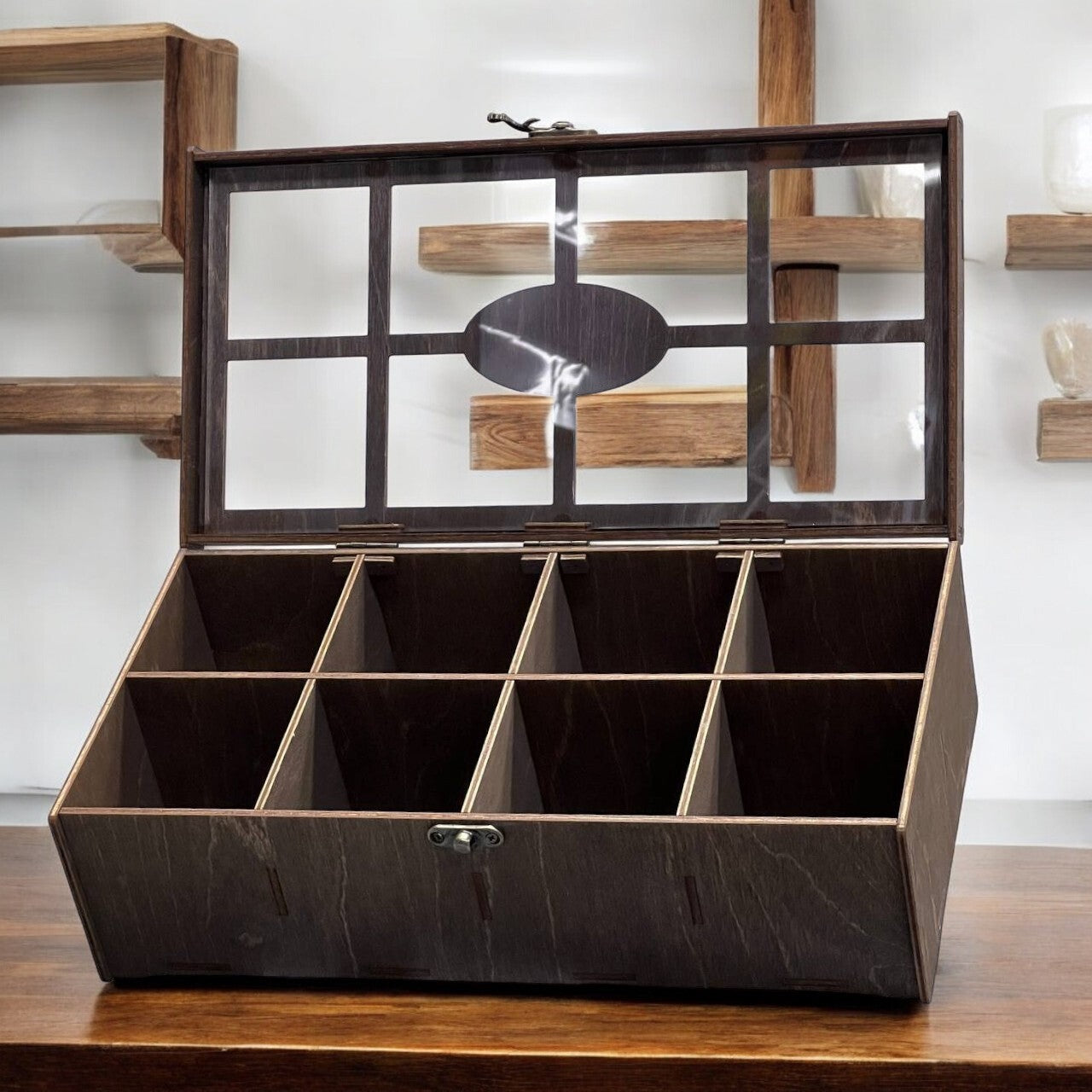 Wooden Tea Box Storage Oranizer Tea Bag Holder with 8 Compartments and Clear Lid
