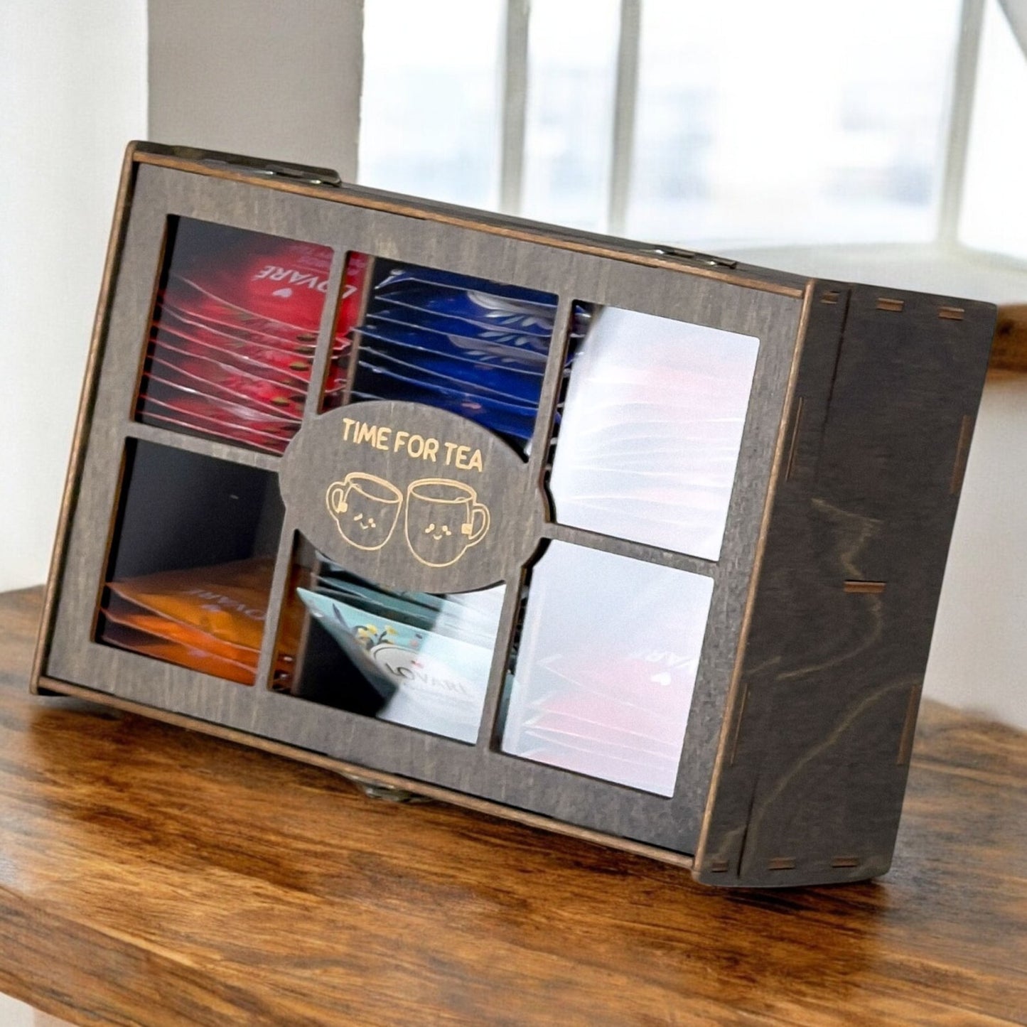 Wooden Tea Box Storage Oranizer Tea Bag Holder with 6 Compartments and Clear Lid