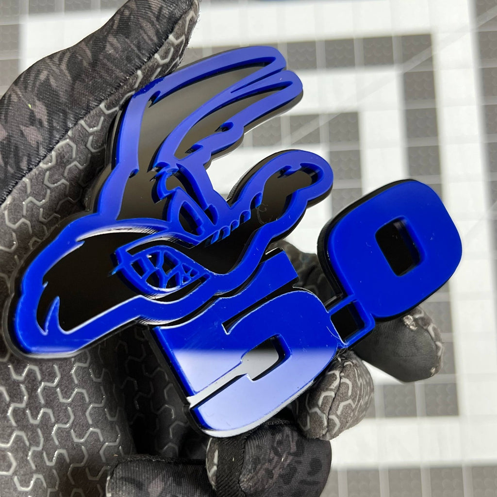 5.0 COYOTE 3D Emblems – Blue on Black Angry Racing Fender Badges (Set of 2)