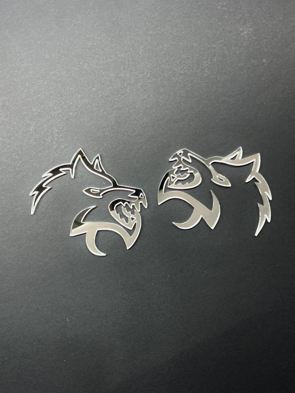 Mirror Wolf Badges Emblem Car/Truck, (2) BADGES, Fender Angry Agressive Raging