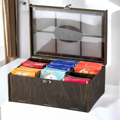 Wooden Tea Box Storage Oranizer Tea Bag Holder with 6 Compartments and Clear Lid