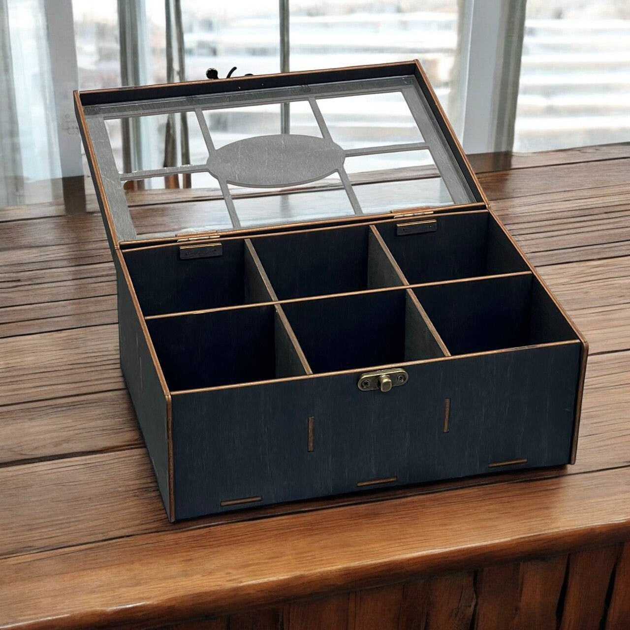 Wooden Tea Box Storage Oranizer Tea Bag Holder with 6 Compartments and Clear Lid