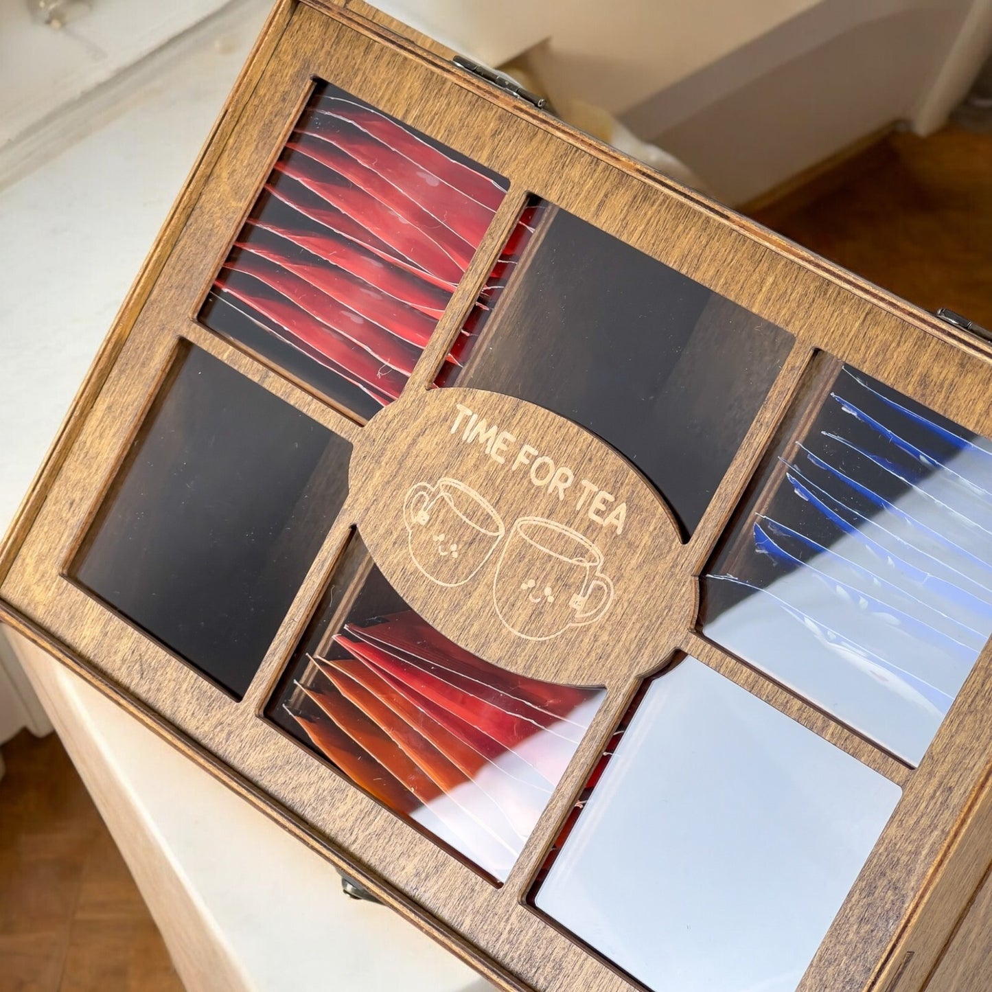 Wooden Tea Box Storage Oranizer Tea Bag Holder with 6 Compartments and Clear Lid
