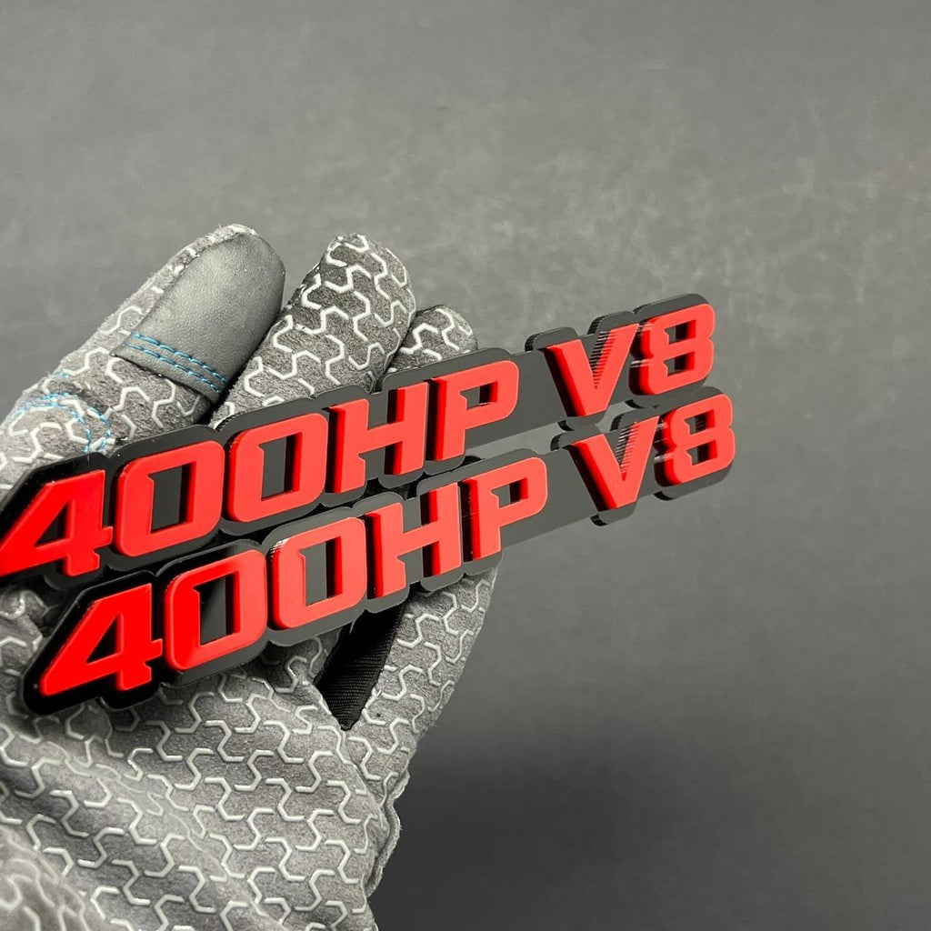 2PCS 400HP V8 Emblems – 3D Acrylic Engine Fender Badges 400HP V8 Pair Decals