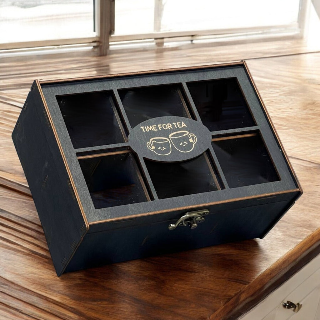 Wooden Tea Box Storage Oranizer Tea Bag Holder with 6 Compartments and Clear Lid