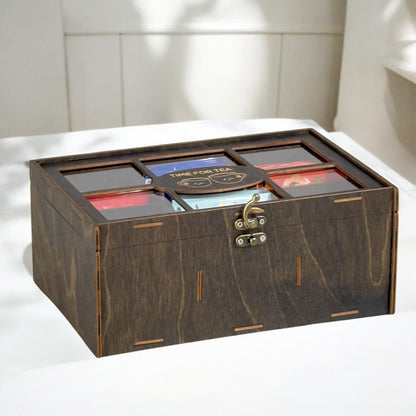 Wooden Tea Box Storage Oranizer Tea Bag Holder with 6 Compartments and Clear Lid