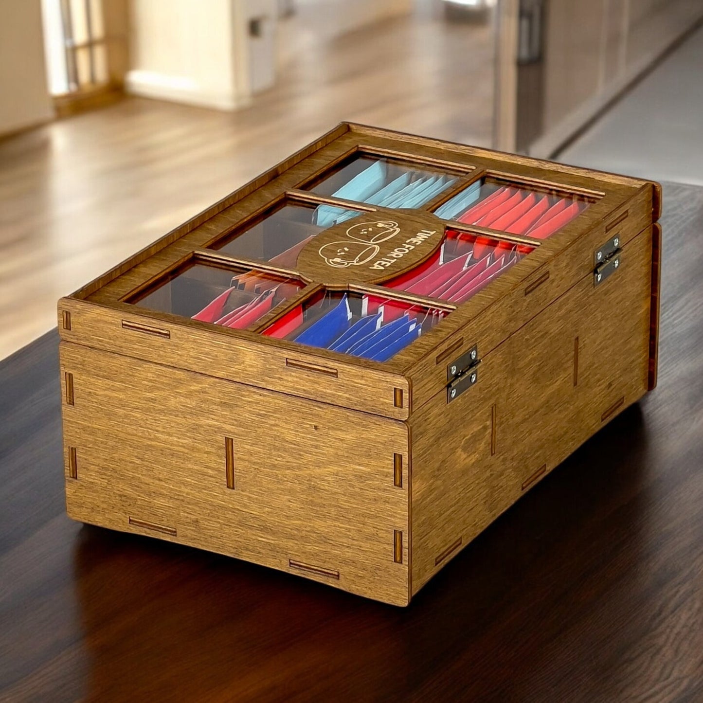 Wooden Tea Box Storage Oranizer Tea Bag Holder with 6 Compartments and Clear Lid