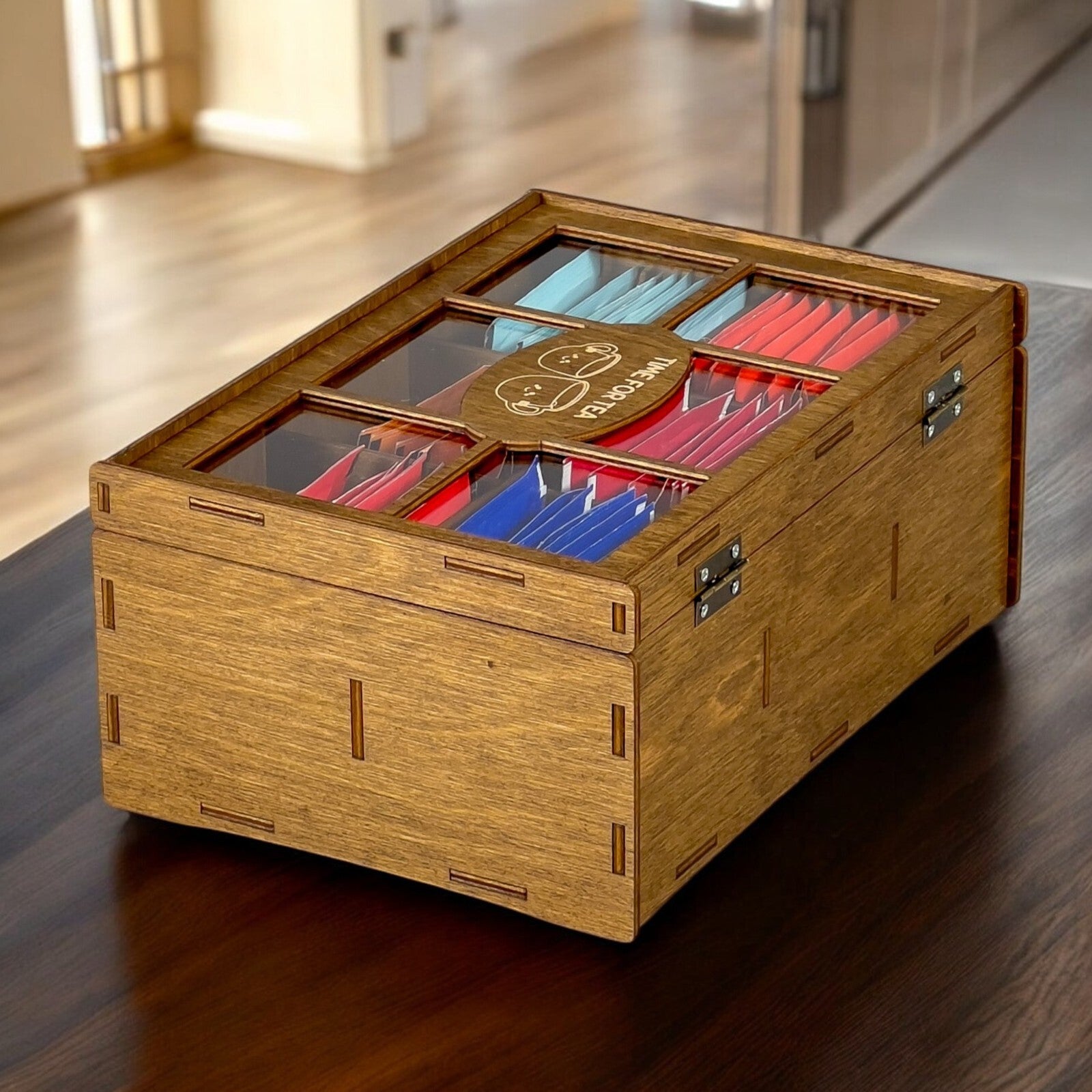 Wooden Tea Box Storage Oranizer Tea Bag Holder with 6 Compartments and Clear Lid