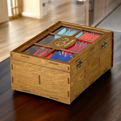 Wooden Tea Box Storage Oranizer Tea Bag Holder with 6 Compartments and Clear Lid
