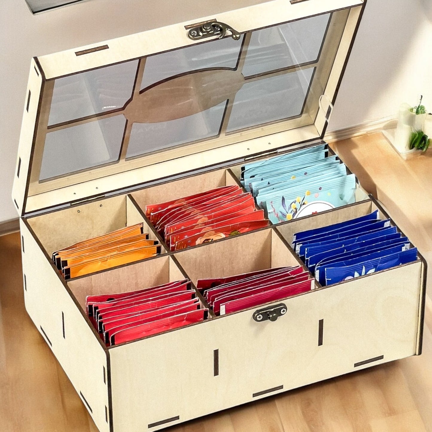 Wooden Tea Box Storage Oranizer Tea Bag Holder with 6 Compartments and Clear Lid