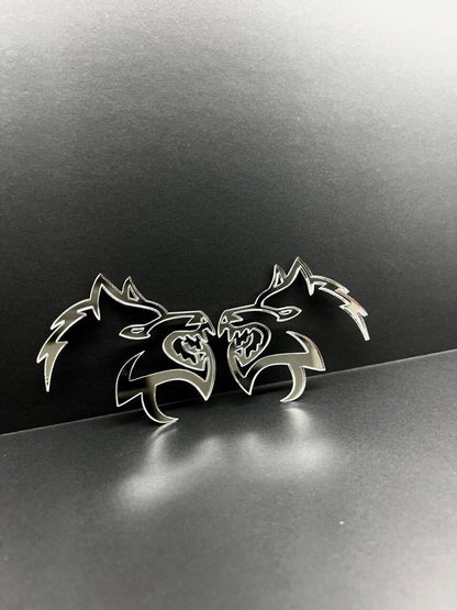 Mirror Wolf Badges Emblem Car/Truck, (2) BADGES, Fender Angry Agressive Raging