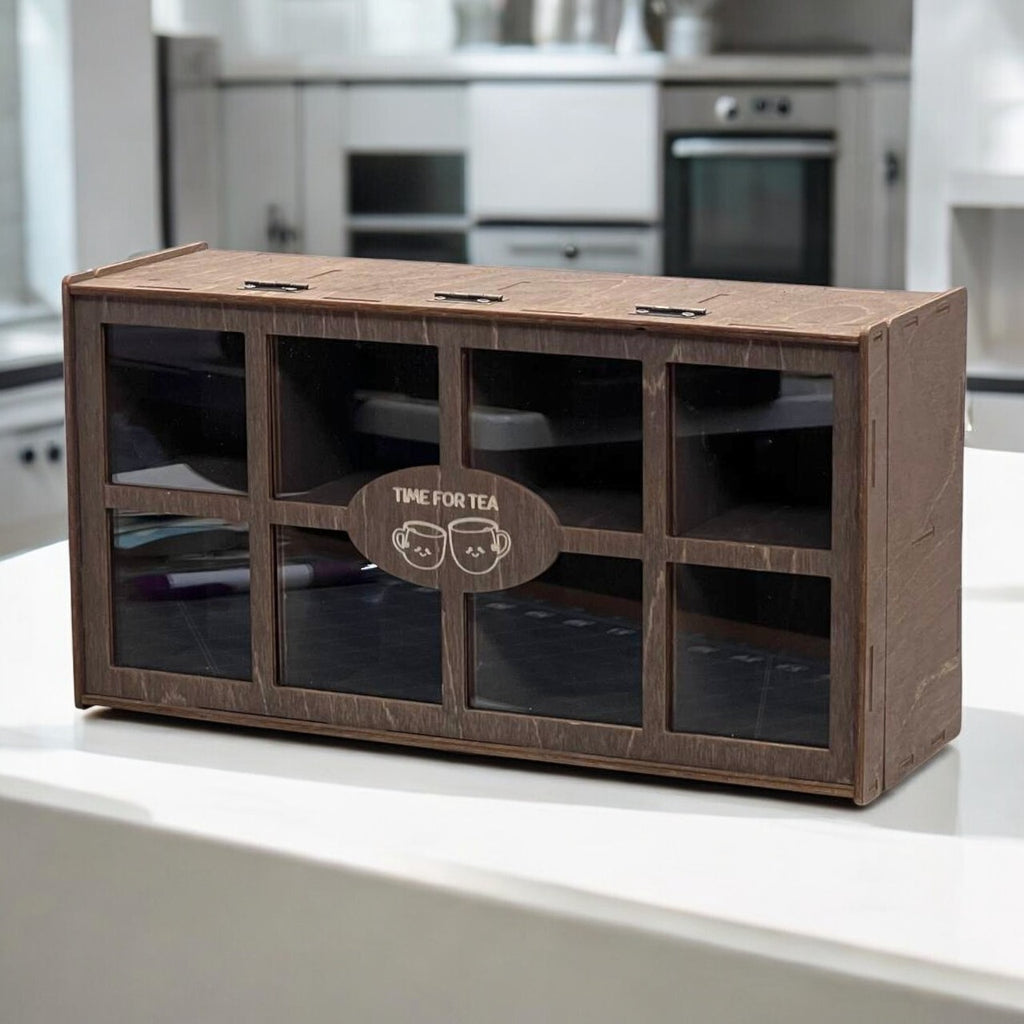 Wooden Tea Box Storage Oranizer Tea Bag Holder with 8 Compartments and Clear Lid