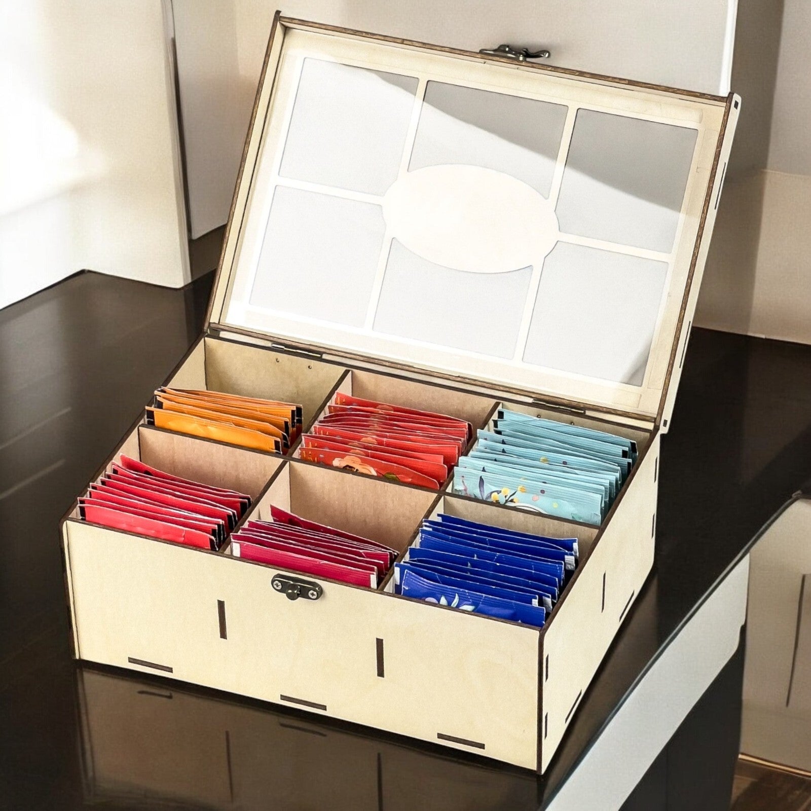 Wooden Tea Box Storage Oranizer Tea Bag Holder with 6 Compartments and Clear Lid