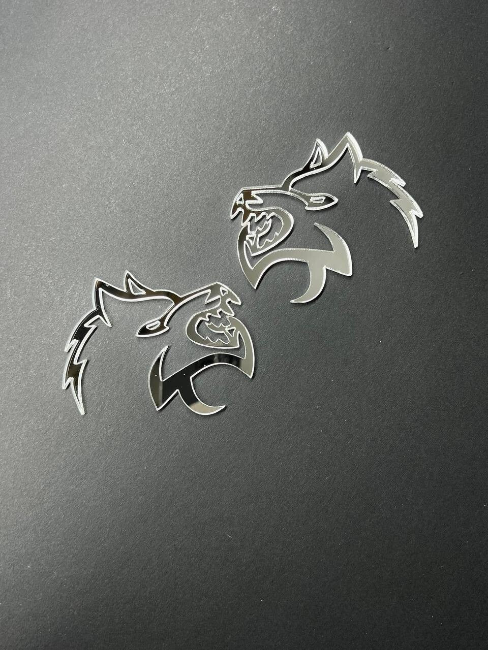 Mirror Wolf Badges Emblem Car/Truck, (2) BADGES, Fender Angry Agressive Raging
