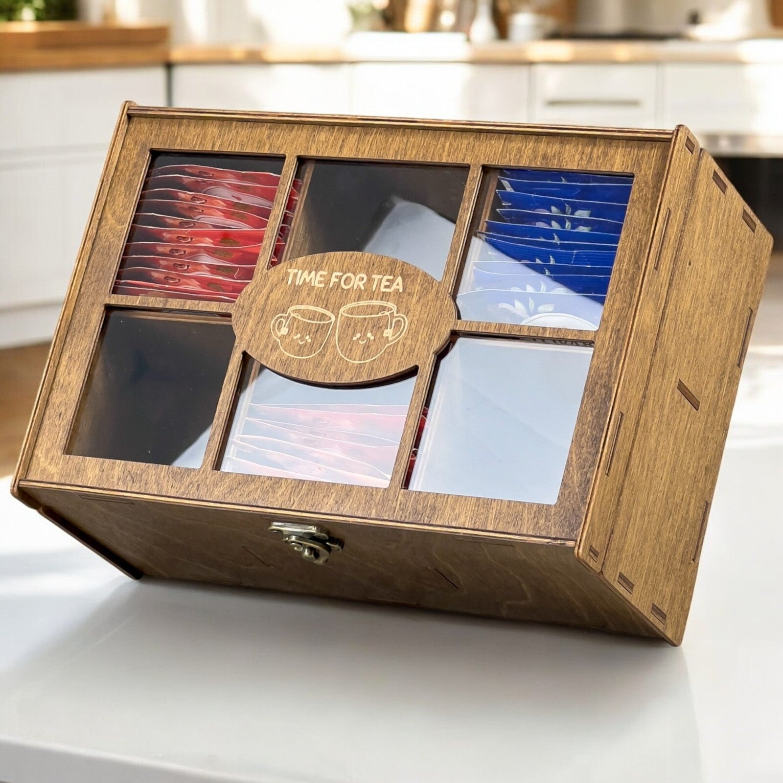 Wooden Tea Box Storage Oranizer Tea Bag Holder with 6 Compartments and Clear Lid