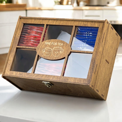 Wooden Tea Box Storage Oranizer Tea Bag Holder with 6 Compartments and Clear Lid