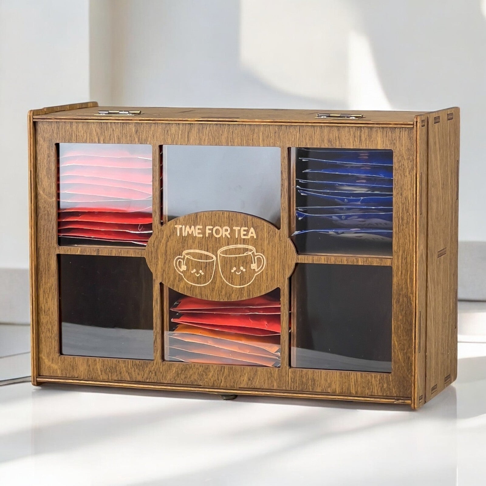 Wooden Tea Box Storage Oranizer Tea Bag Holder with 6 Compartments and Clear Lid