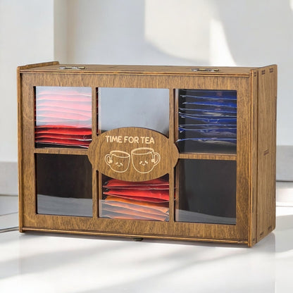 Wooden Tea Box Storage Oranizer Tea Bag Holder with 6 Compartments and Clear Lid