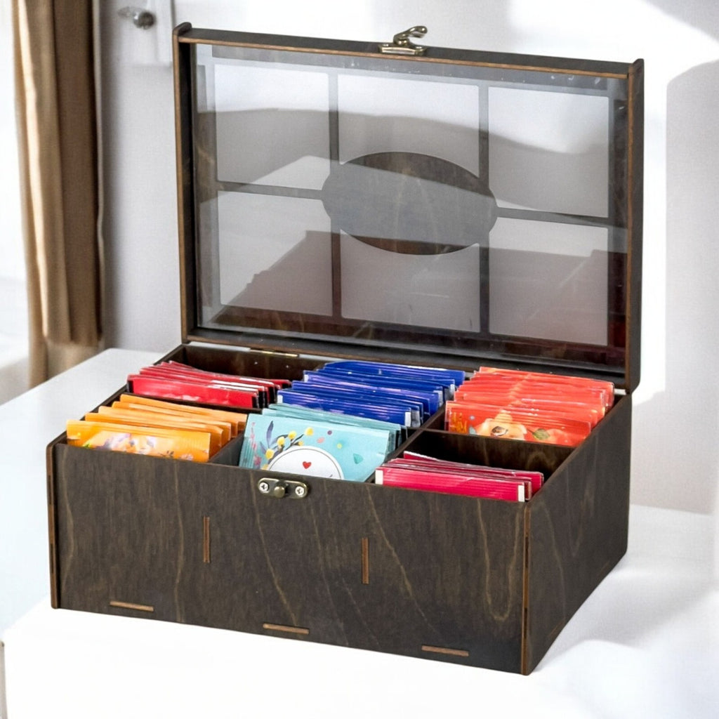 Wooden Tea Box Storage Oranizer Tea Bag Holder with 6 Compartments and Clear Lid