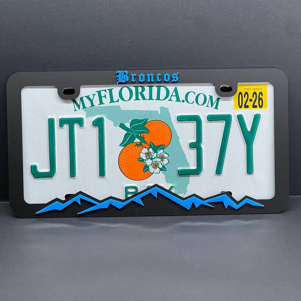BRONCO MOUNTAINS LICENSE PLATE FRAME COLOR CHOICE -HIKING-MOUNTAINS-CAMPING