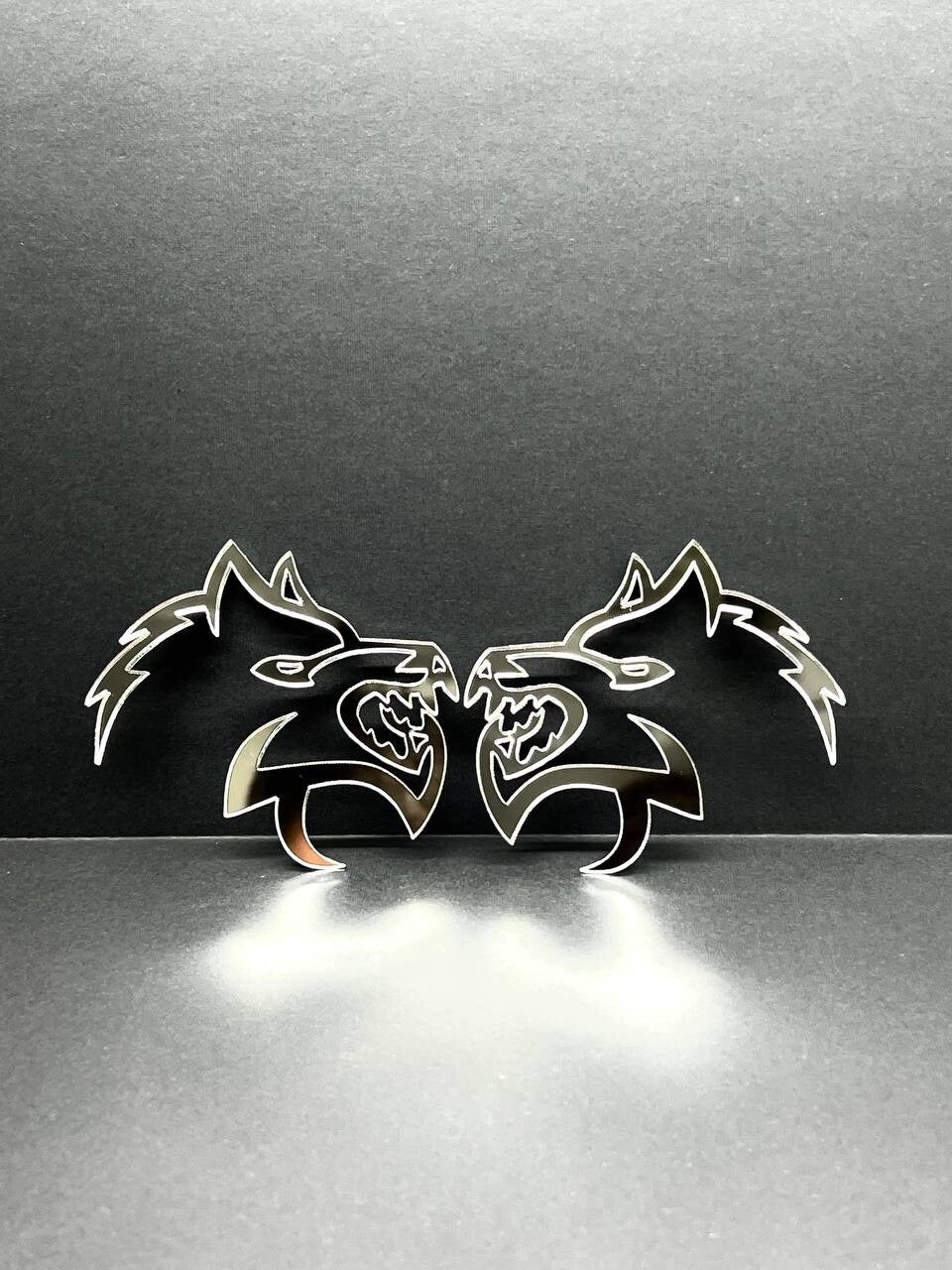 Mirror Wolf Badges Emblem Car/Truck, (2) BADGES, Fender Angry Agressive Raging