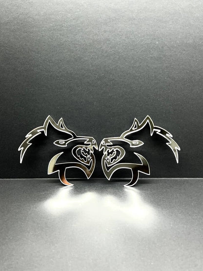 Mirror Wolf Badges Emblem Car/Truck, (2) BADGES, Fender Angry Agressive Raging