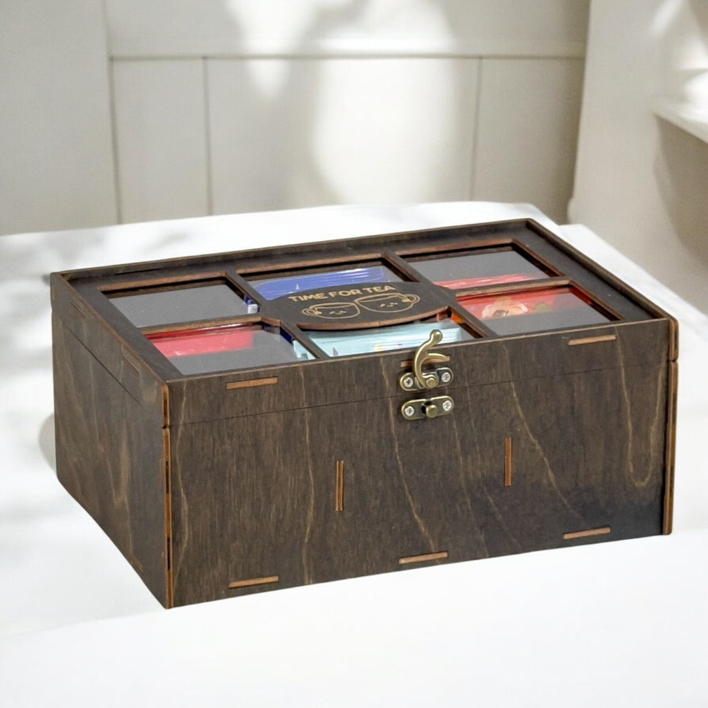 Wooden Tea Box Storage Oranizer Tea Bag Holder with 6 Compartments and Clear Lid