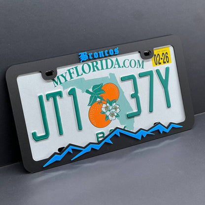 BRONCO MOUNTAINS LICENSE PLATE FRAME COLOR CHOICE -HIKING-MOUNTAINS-CAMPING