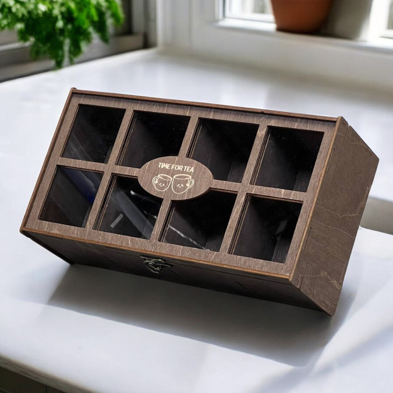 Wooden Tea Box Storage Oranizer Tea Bag Holder with 8 Compartments and Clear Lid