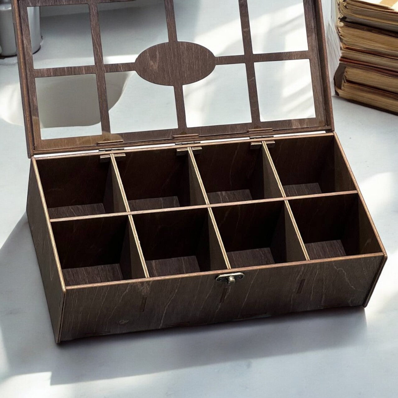 Wooden Tea Box Storage Oranizer Tea Bag Holder with 8 Compartments and Clear Lid