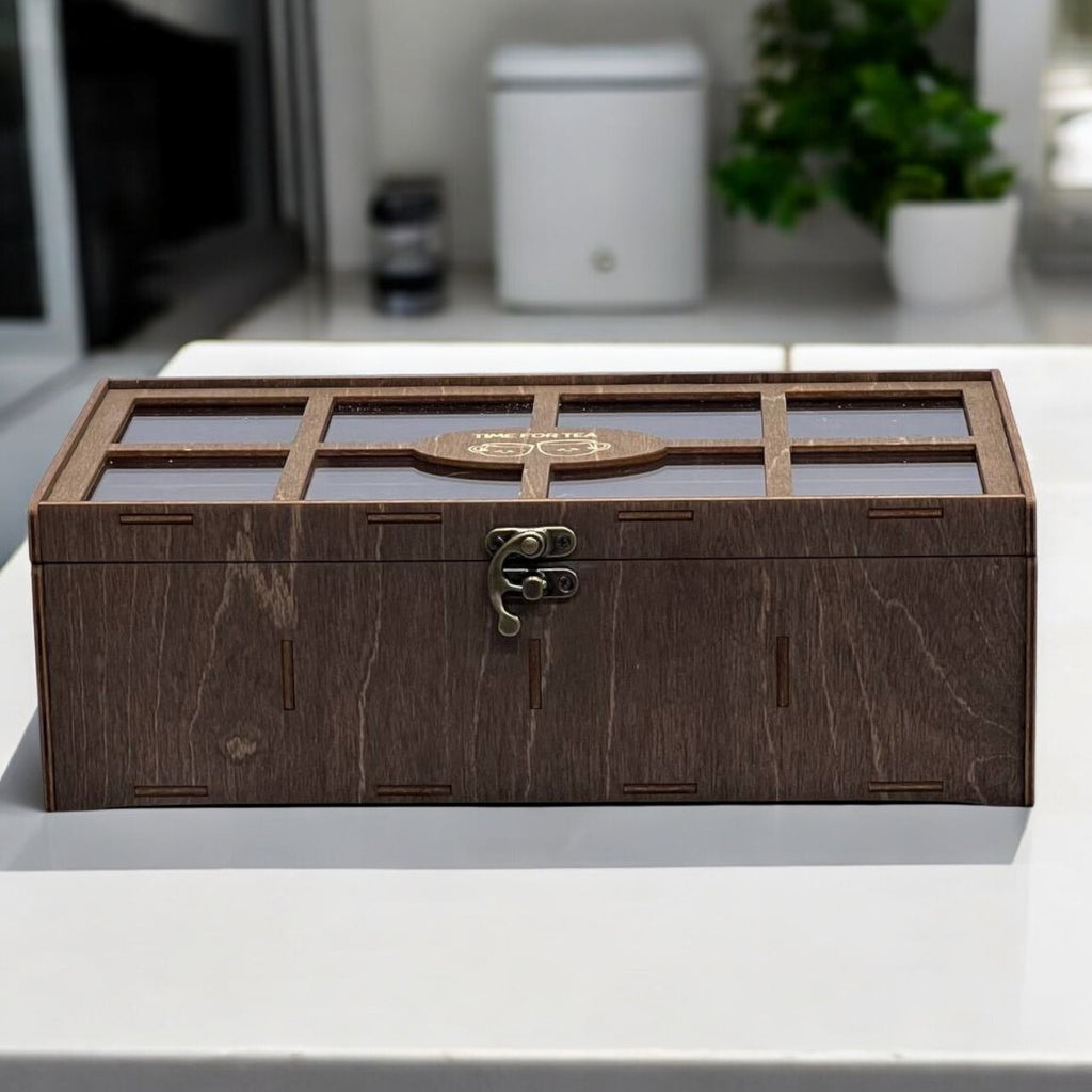 Wooden Tea Box Storage Oranizer Tea Bag Holder with 8 Compartments and Clear Lid