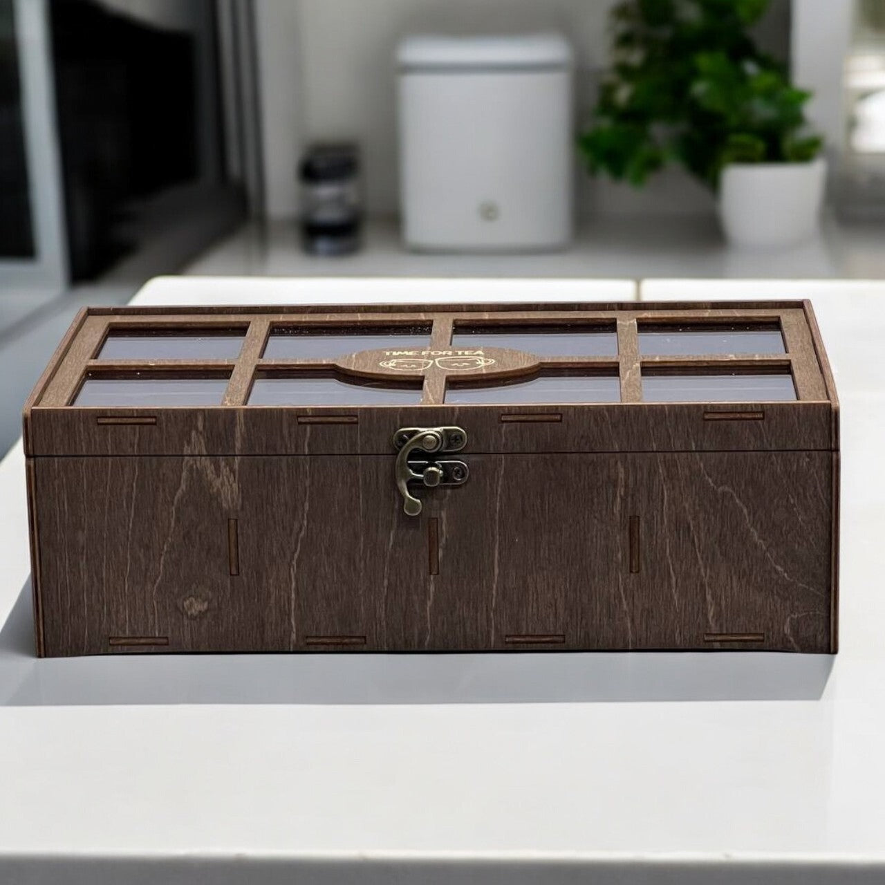 Wooden Tea Box Storage Oranizer Tea Bag Holder with 8 Compartments and Clear Lid