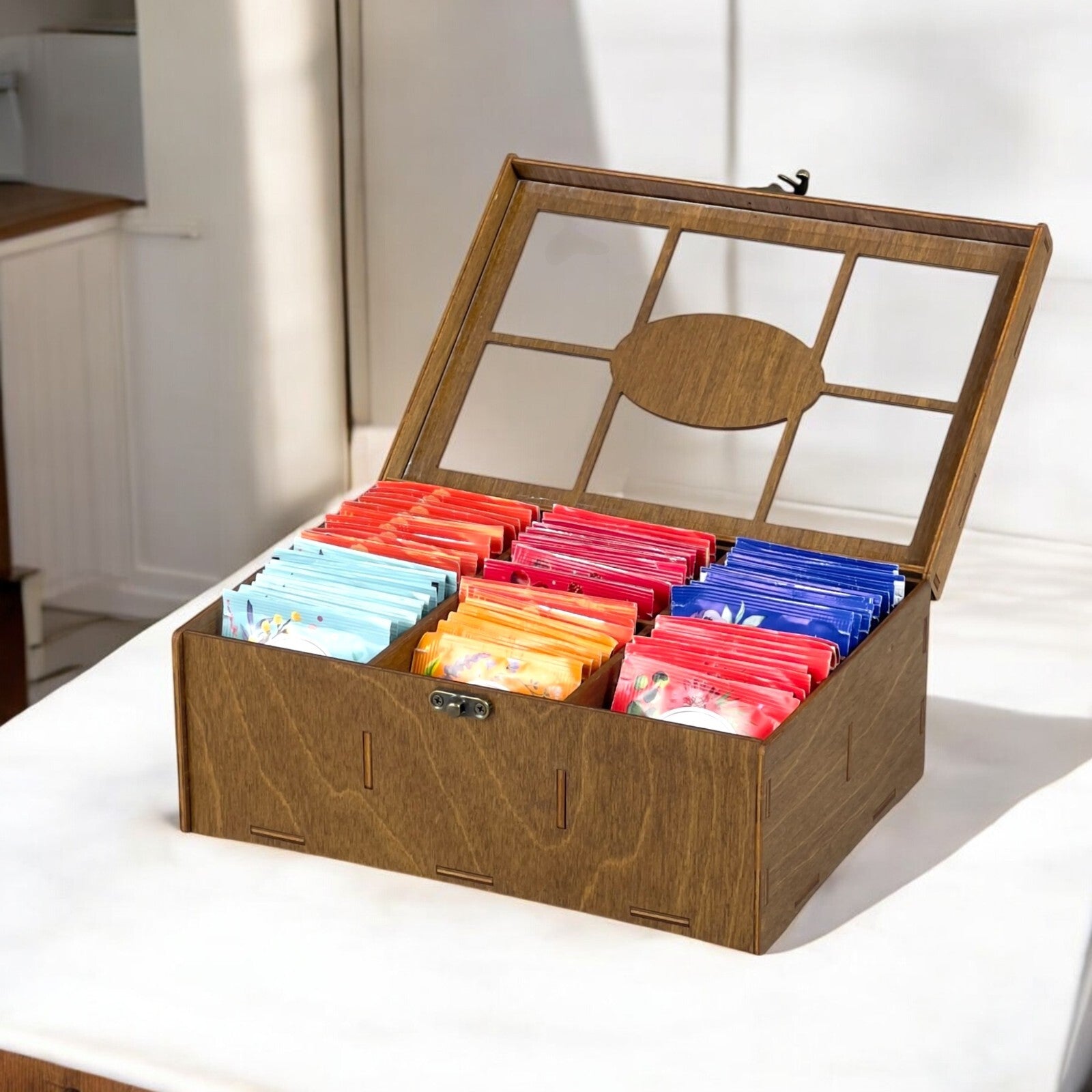 Wooden Tea Box Storage Oranizer Tea Bag Holder with 6 Compartments and Clear Lid