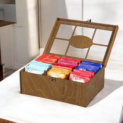 Wooden Tea Box Storage Oranizer Tea Bag Holder with 6 Compartments and Clear Lid