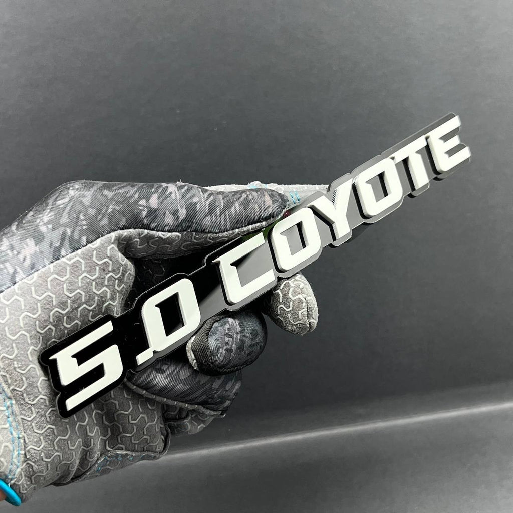 1PC 5.0 COYOTE Emblem White on Black – Acrylic Fender or Tailgate Badge