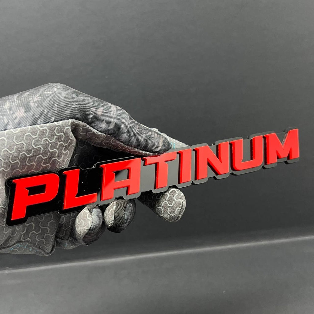 1PC PLATINUM Emblem – Red on Black 3D Acrylic Fender or Tailgate Badge for Car