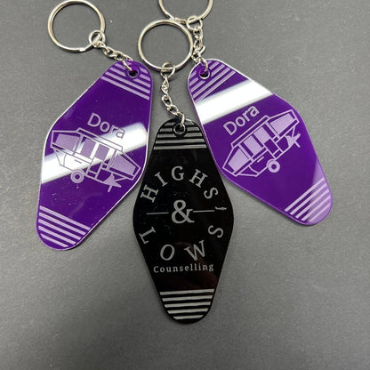 Personalized Hotel Key Tag – Black Keychain with Custom Logo & Room Number