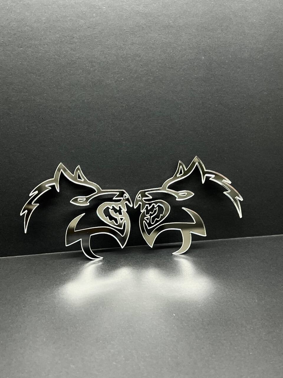 Mirror Wolf Badges Emblem Car/Truck, (2) BADGES, Fender Angry Agressive Raging