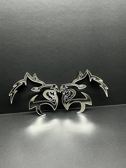 Mirror Wolf Badges Emblem Car/Truck, (2) BADGES, Fender Angry Agressive Raging