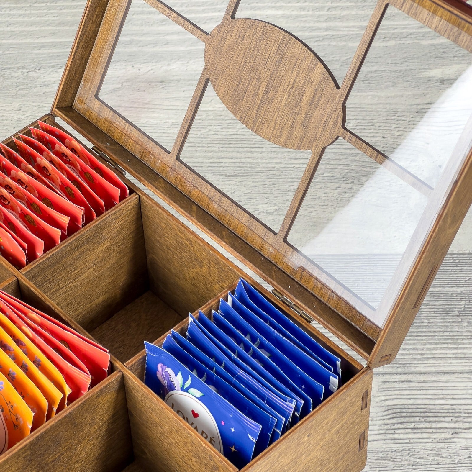 Wooden Tea Box Storage Oranizer Tea Bag Holder with 6 Compartments and Clear Lid